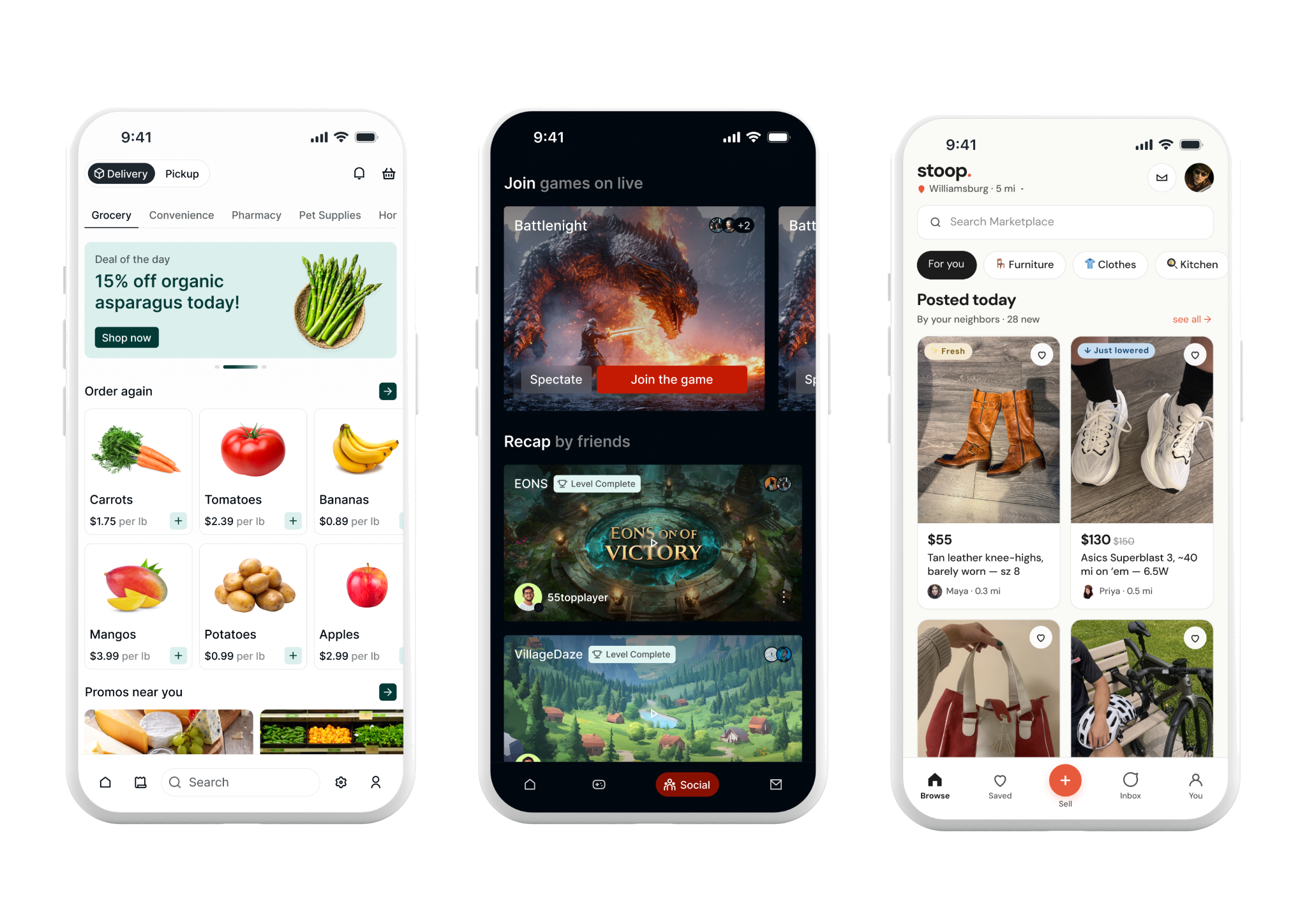 Three app screens showing different feed use cases: a grocery delivery app, a live gaming app, and a marketplace app