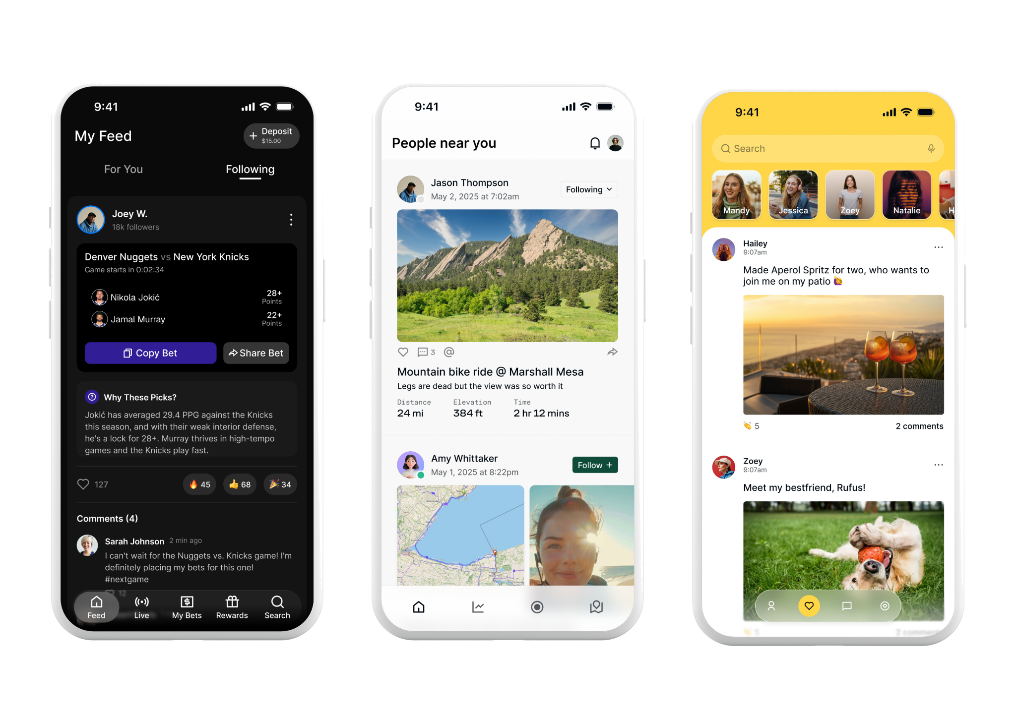 Three app screens showing personalized For You feeds, including a sports betting app, a fitness feed, and a stories-style social feed