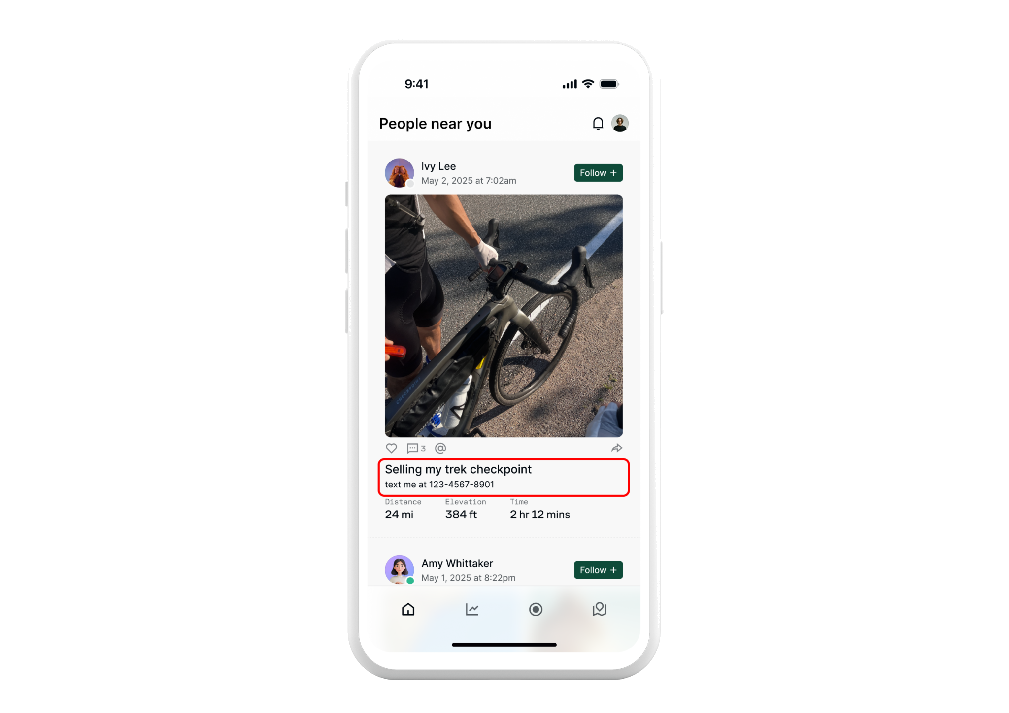 A feed post flagged for containing a phone number, highlighted for moderation review