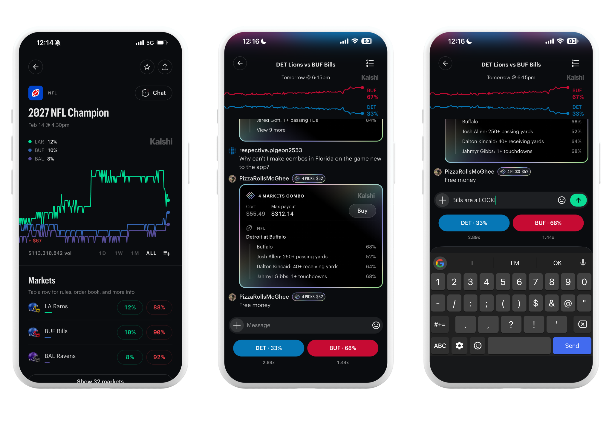 Kalshi mobile app: an NFL champion market with a Chat button, and a Lions vs Bills market chat where traders share combo picks