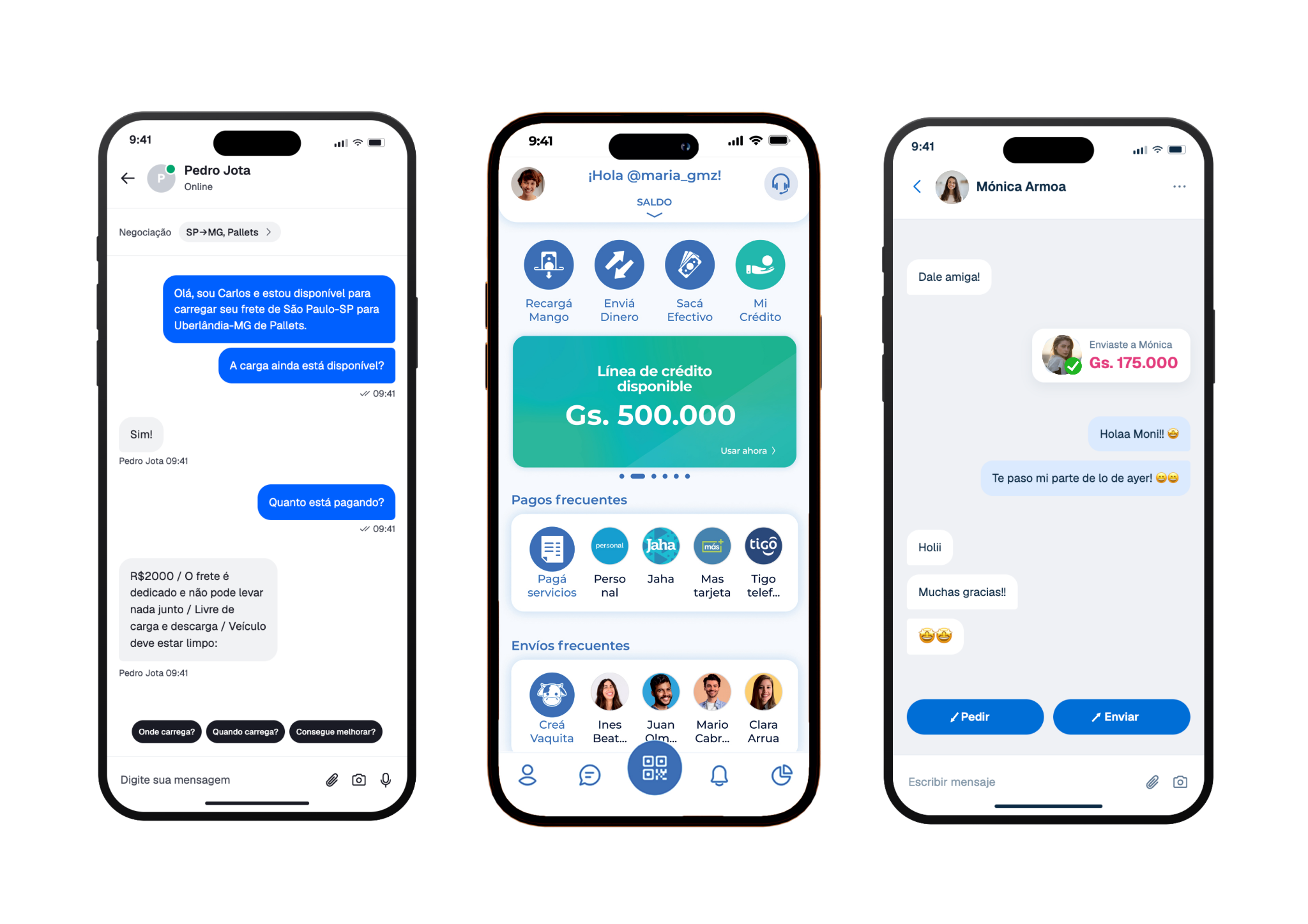 Screenshots of Stream Chat powering in-app freight negotiation for Fretebras and peer-to-peer payments for Mango in Latin America