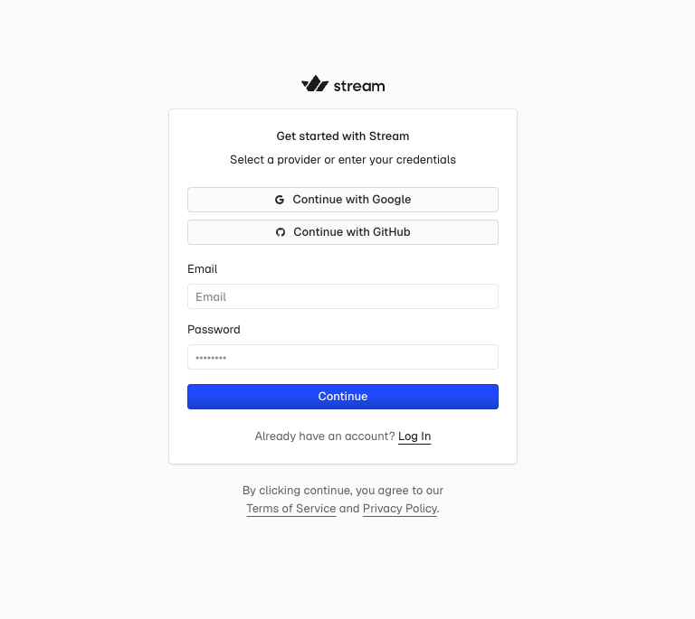 Stream account creation page