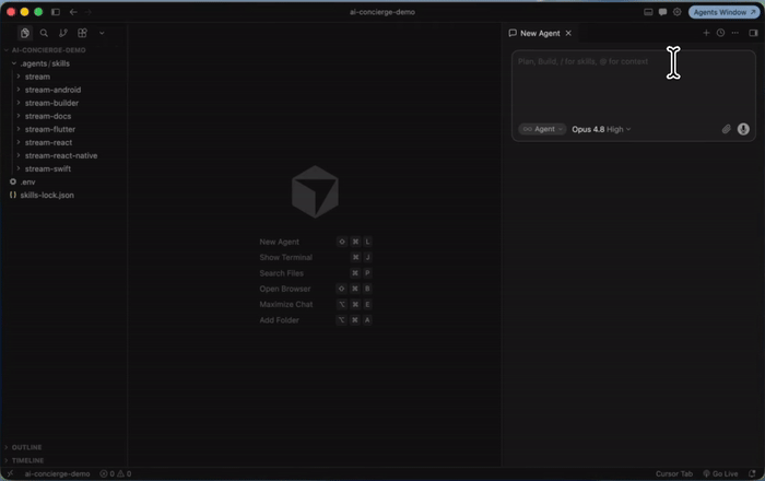 Invoking the /stream-builder skill to build an AI support agent