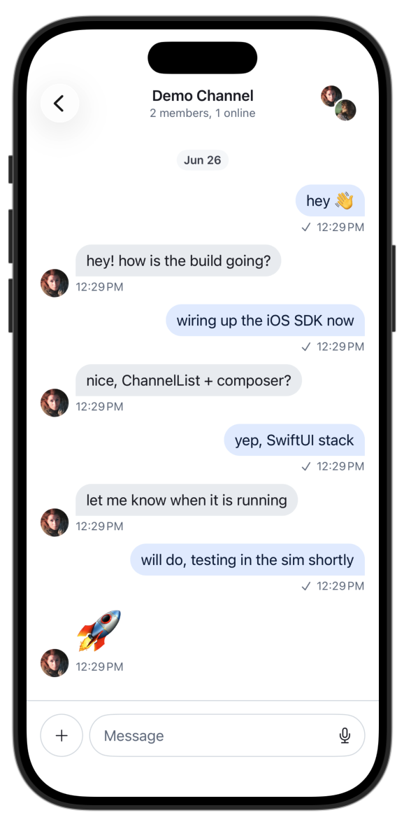 Tapping the channel opens the standard message list and composer with seeded messages