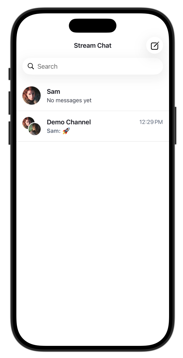 Compose button in the channel list header; new 1-1 channel with Sam appears in the list