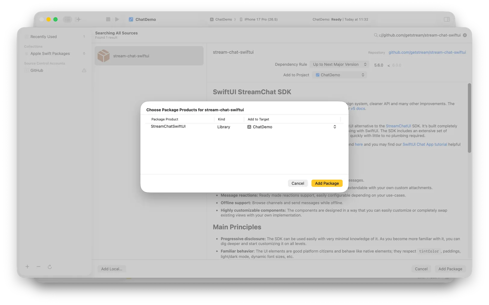 Screenshot showing the selection of the SwiftUI package
