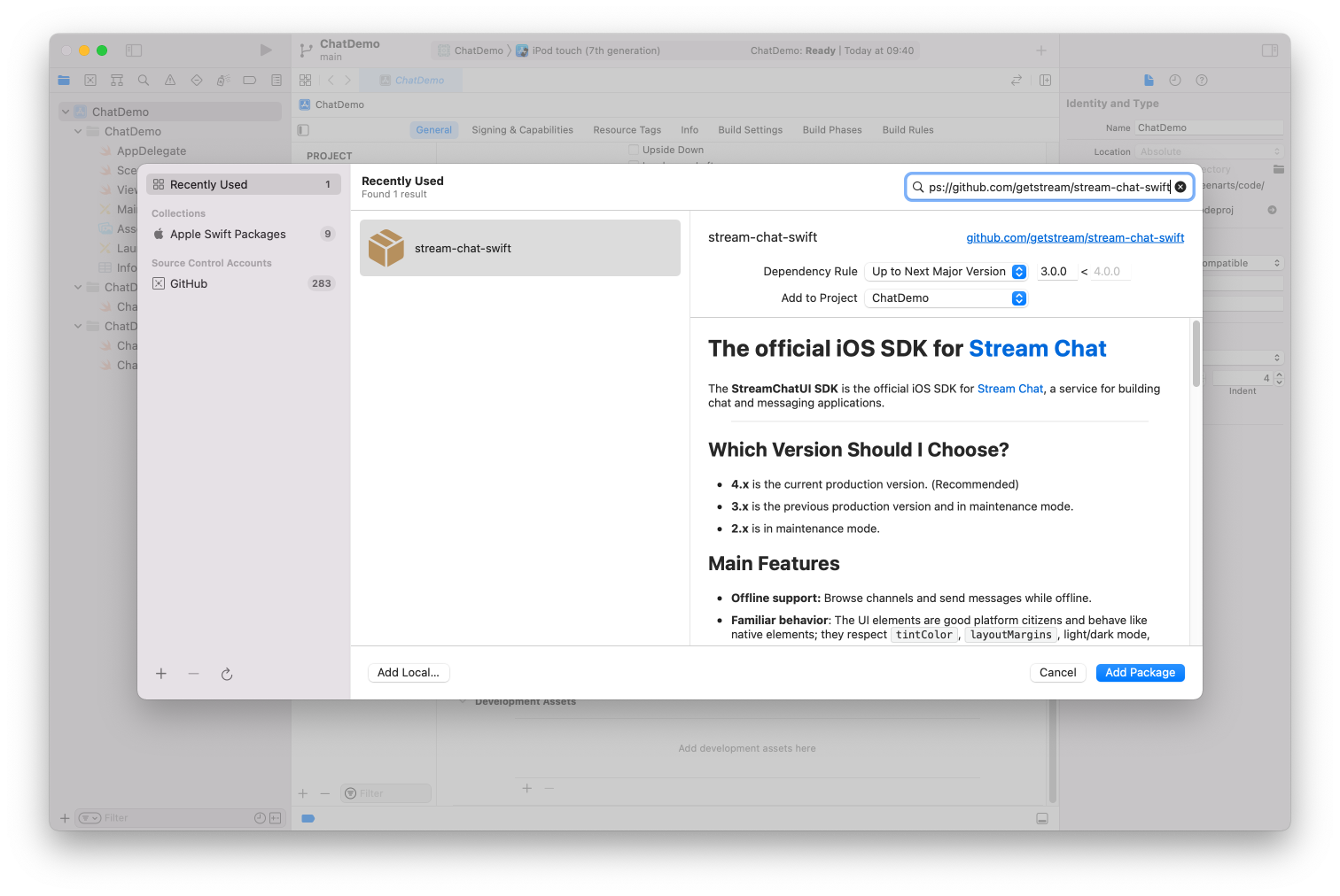 Image shows Swift Package dependency setup