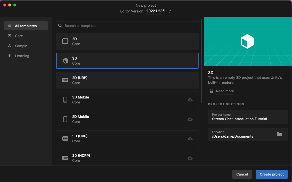 Create a new unity project preview