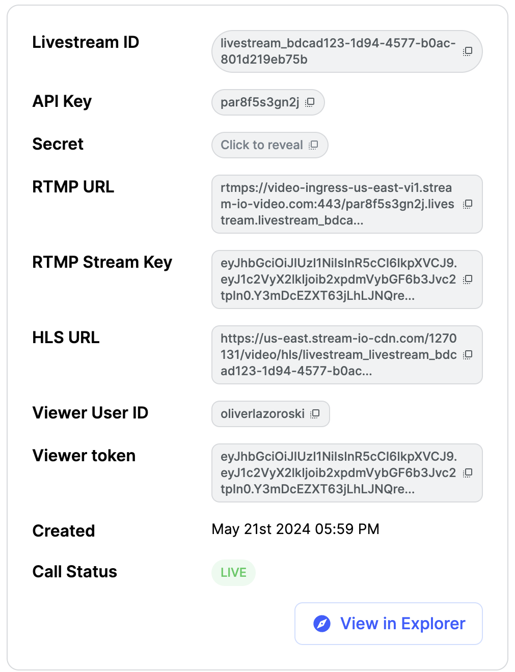 Screenshot shows livestream call data