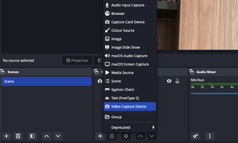 Screenshot shows capturing device setup