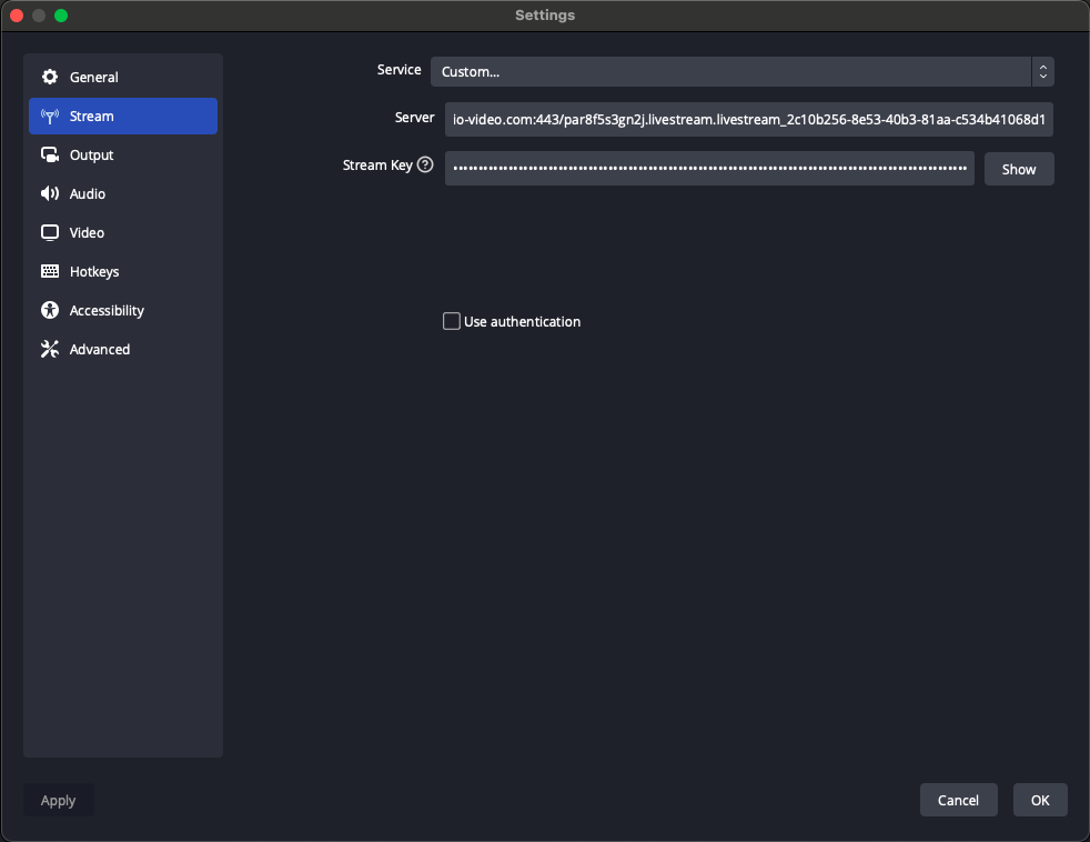 Screenshot shows OBS settings setup