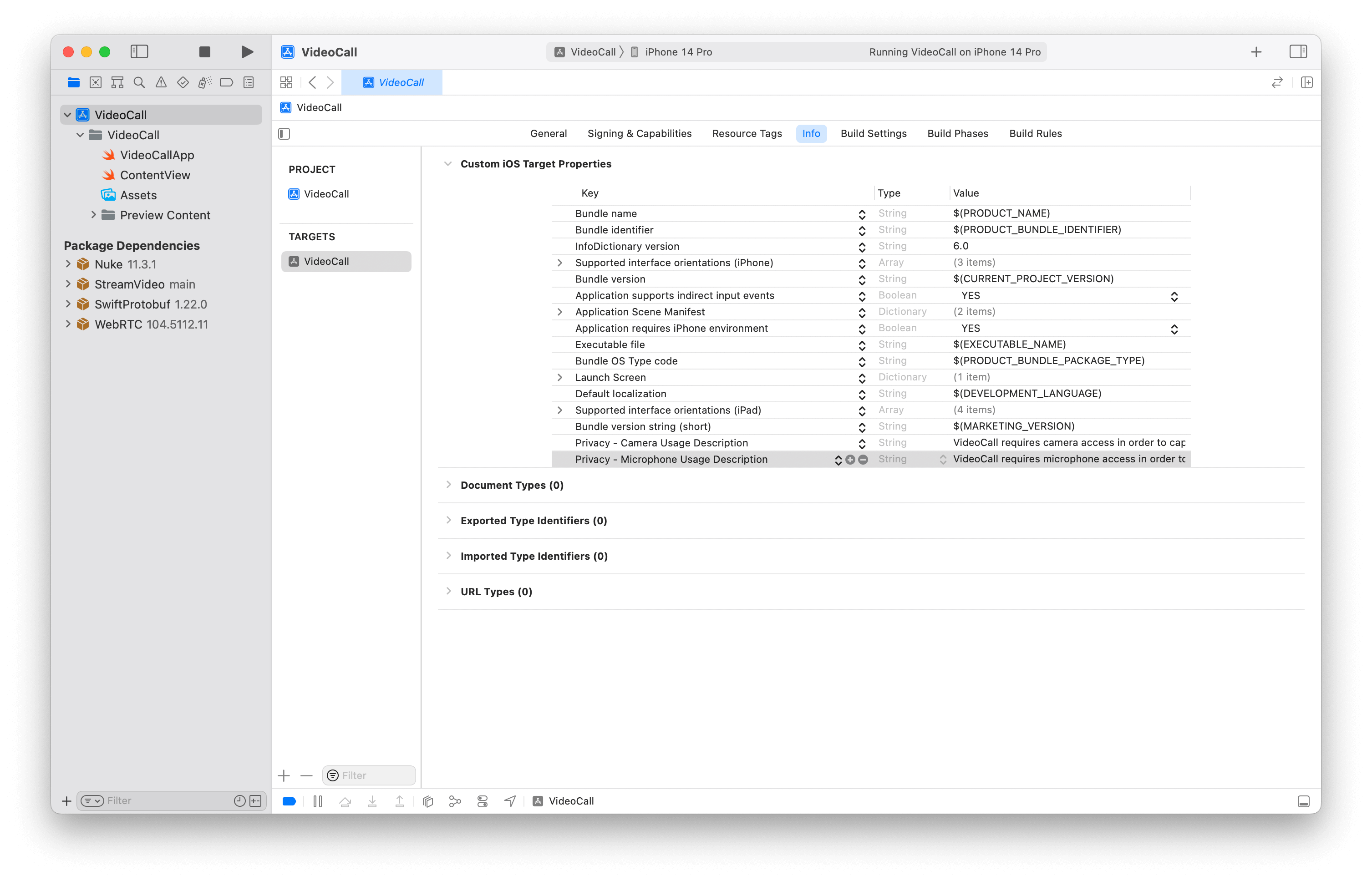 Screenshot shows permissions in the .plist file