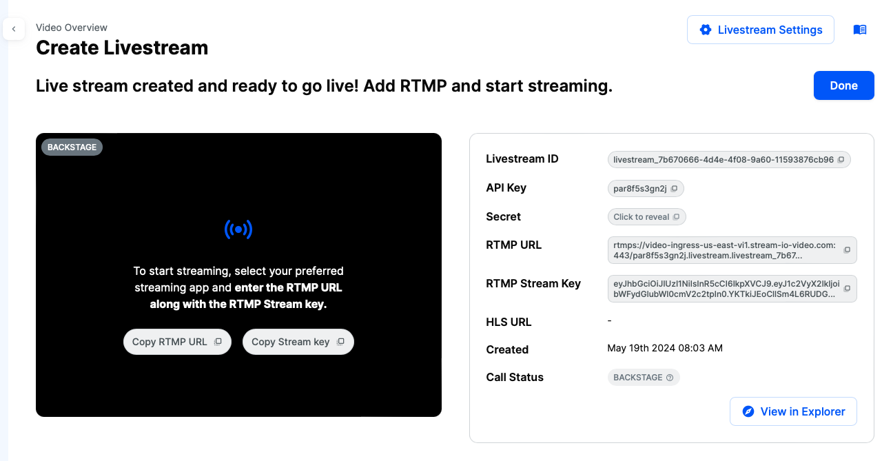 Screenshot shows dashboard livestream credentials