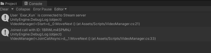 Log confirming that we're connected to the call