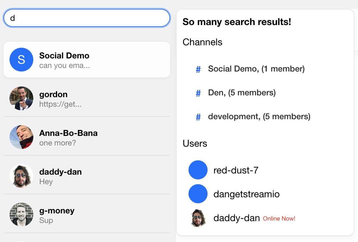 Custom Channel Search UI Component for Chat