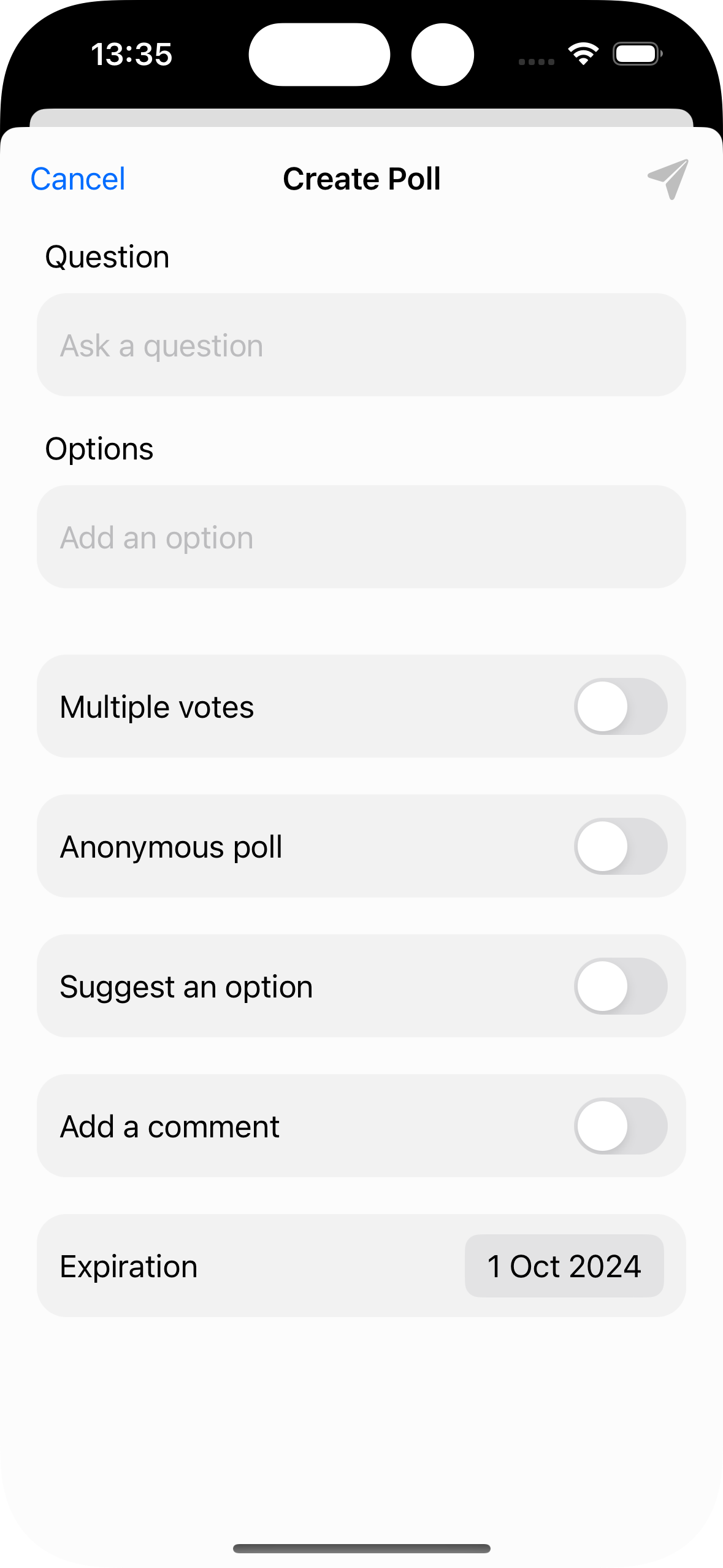 Screenshot showing custom poll creation view