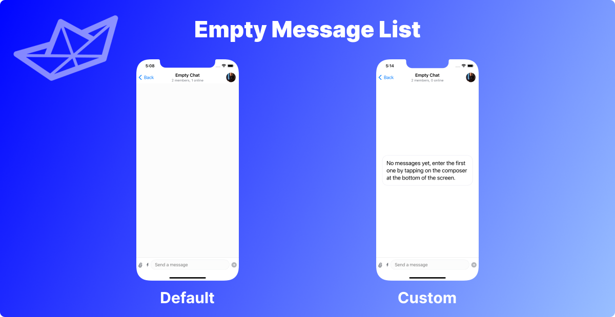Comparison of the default look of the empty message list and the custom example shown in the code above.
