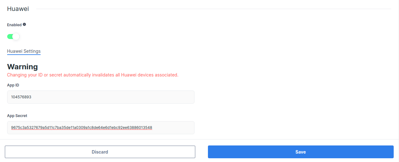 Setting up your Huawei App ID and App Secret on the Stream Dashboard