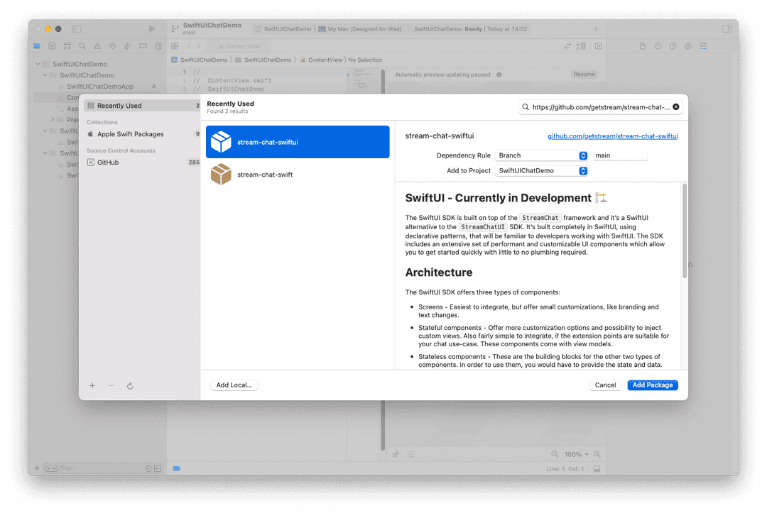 Image shows Xcode 13 package selection with a Github URL and a repository branch