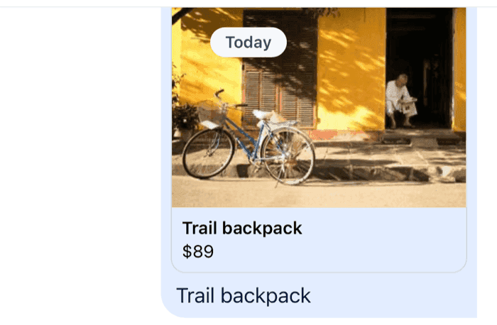 A message with a product card showing an image, the name and the price above the message text on iOS