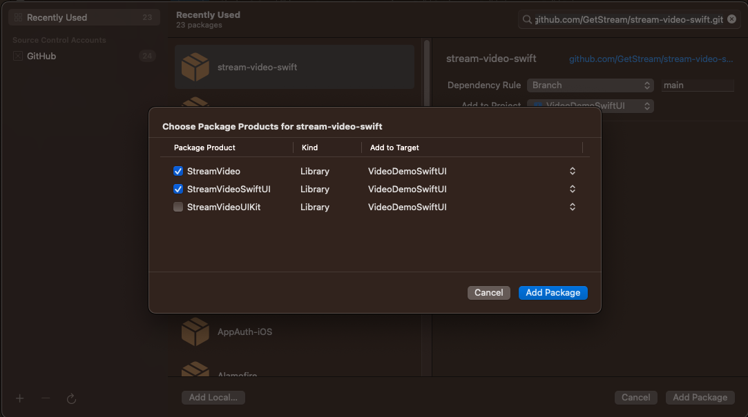 Screenshot shows selection of dependencies