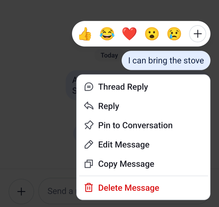 The message menu with the quick reactions above the message and the list of actions below it on Android