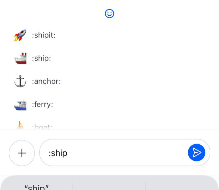 Emoji suggestions with each emoji followed by its shortcode on iOS