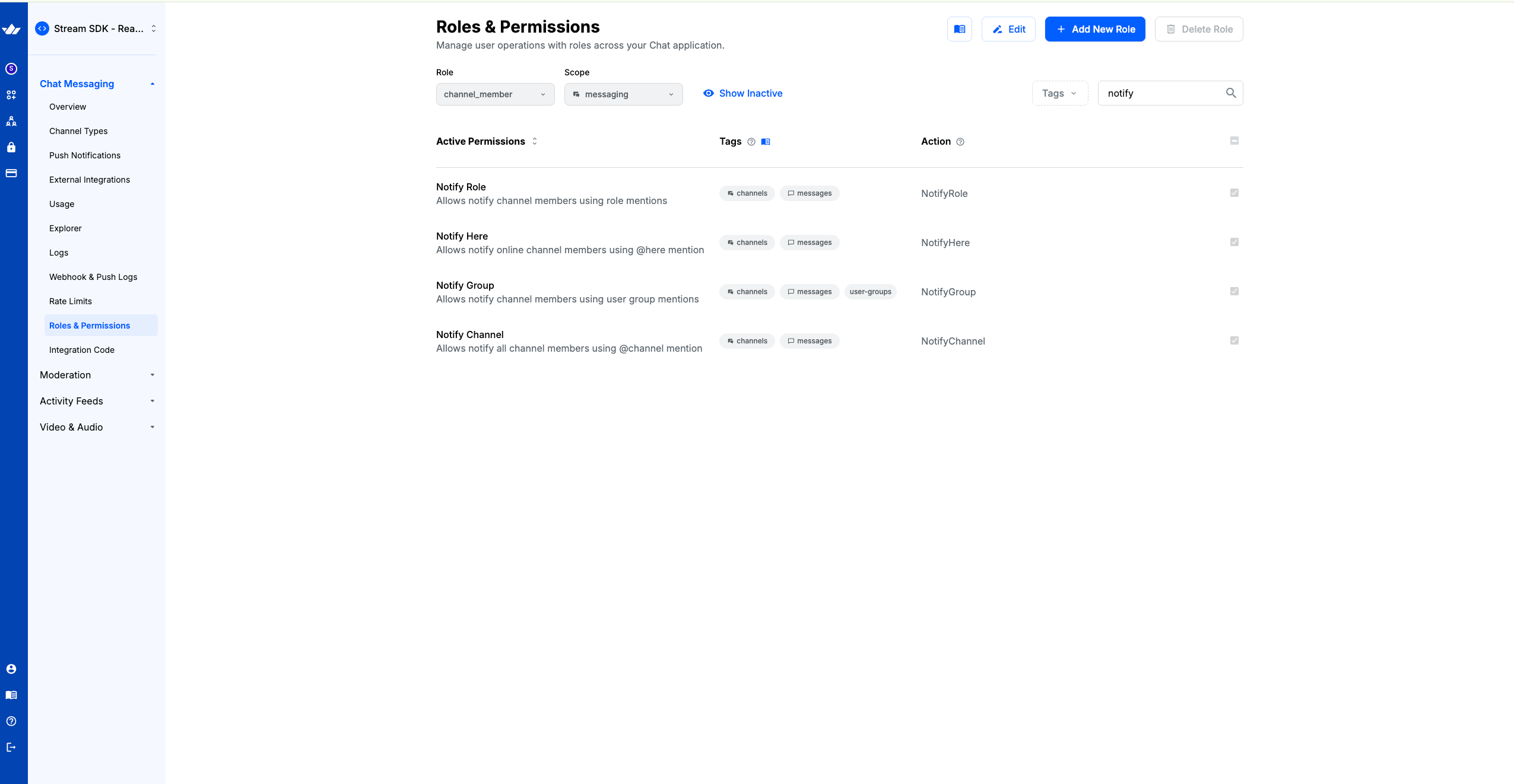 Stream Dashboard — Roles & Permissions page with the NotifyChannel, NotifyHere, NotifyRole and NotifyGroup permissions enabled for the channel_member role in the messaging scope