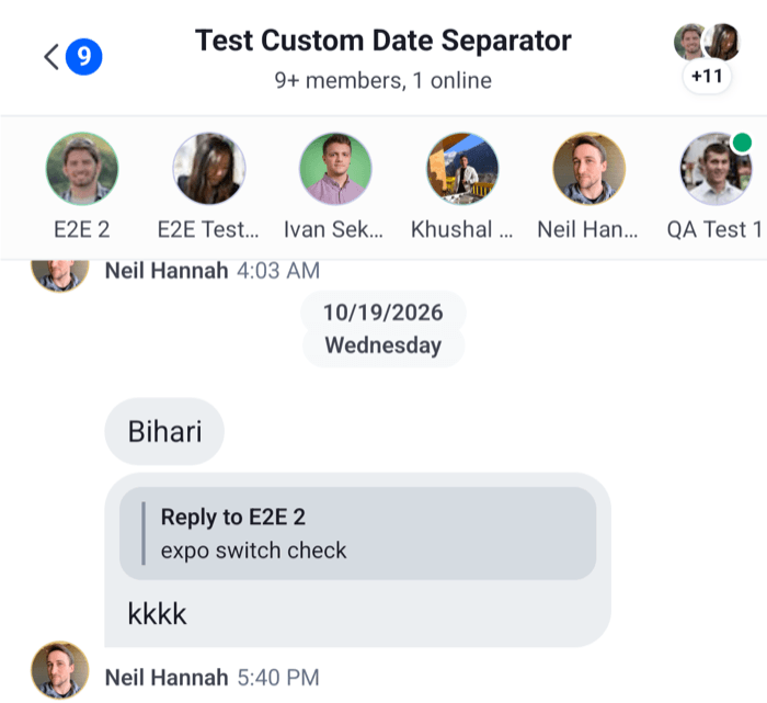 A row of member avatars with names above the message list, with an online dot on one member on Android