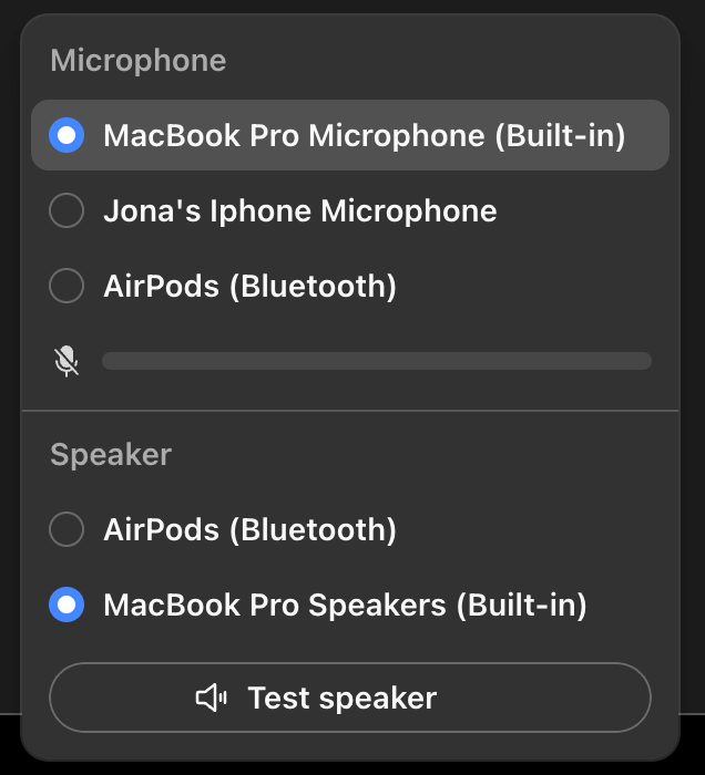 Default microphone and speaker selectors with the speaker test button