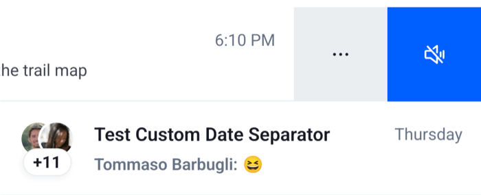 A channel list row swiped open with a mute button and a more button on Android