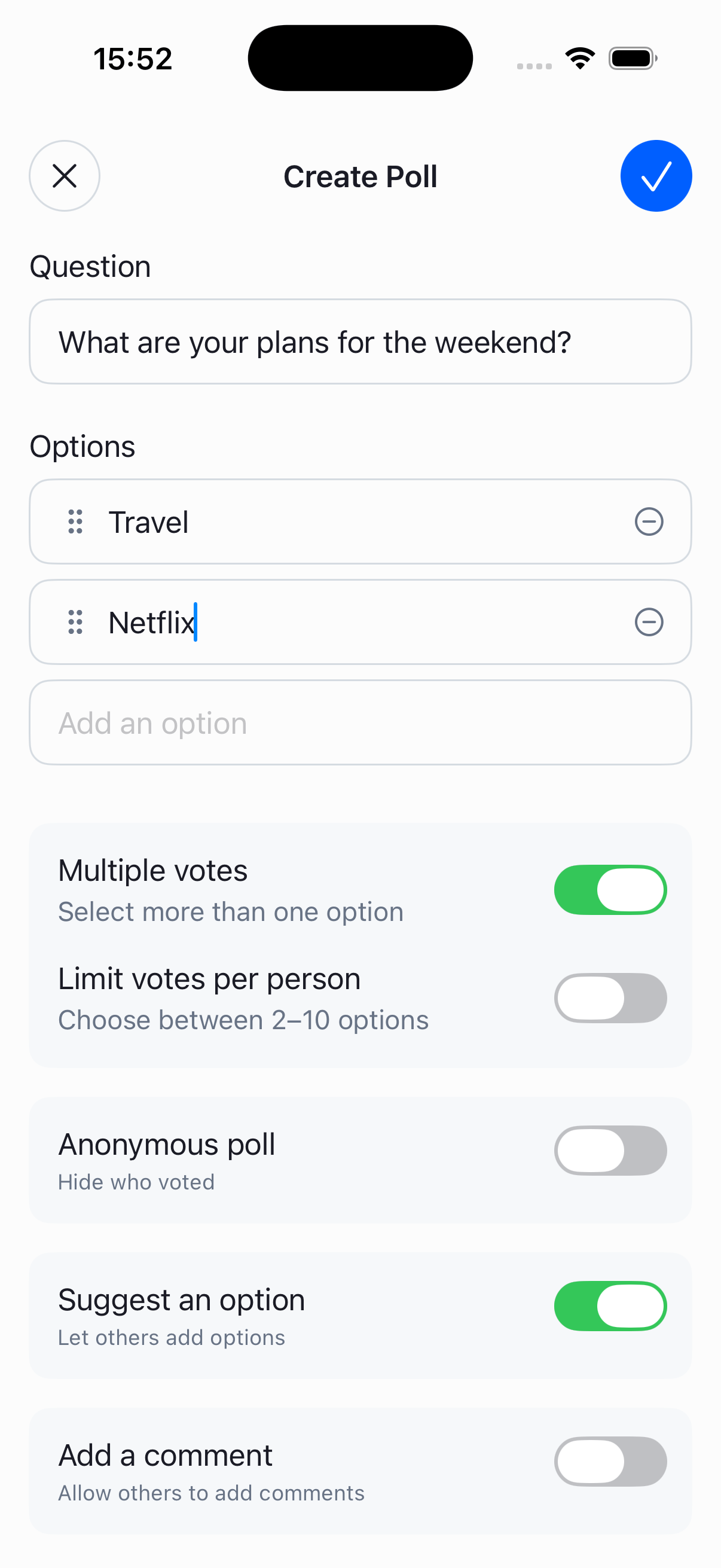 Screenshot showing create poll view
