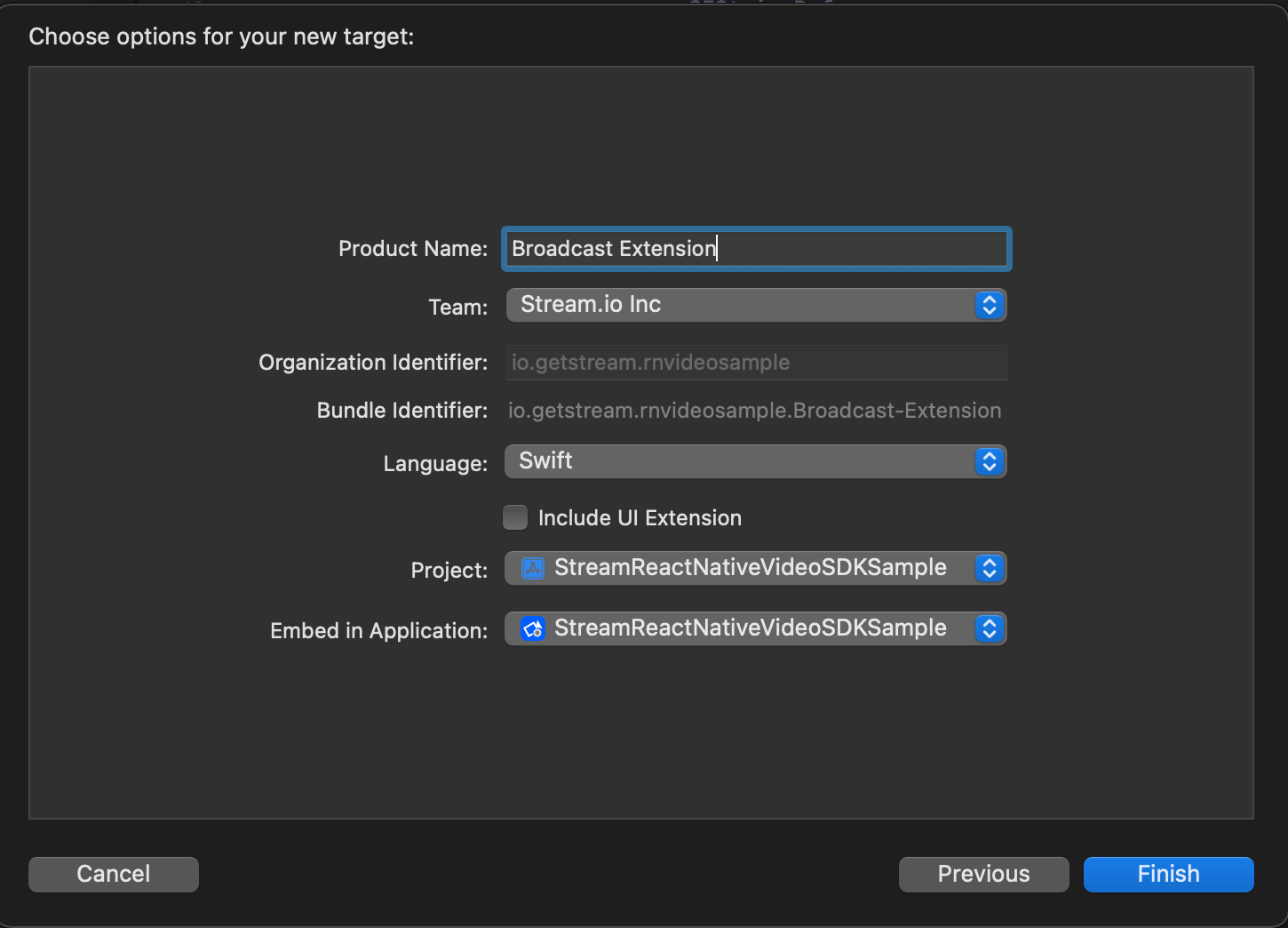 Preview of creating name for the broadcast upload extension target