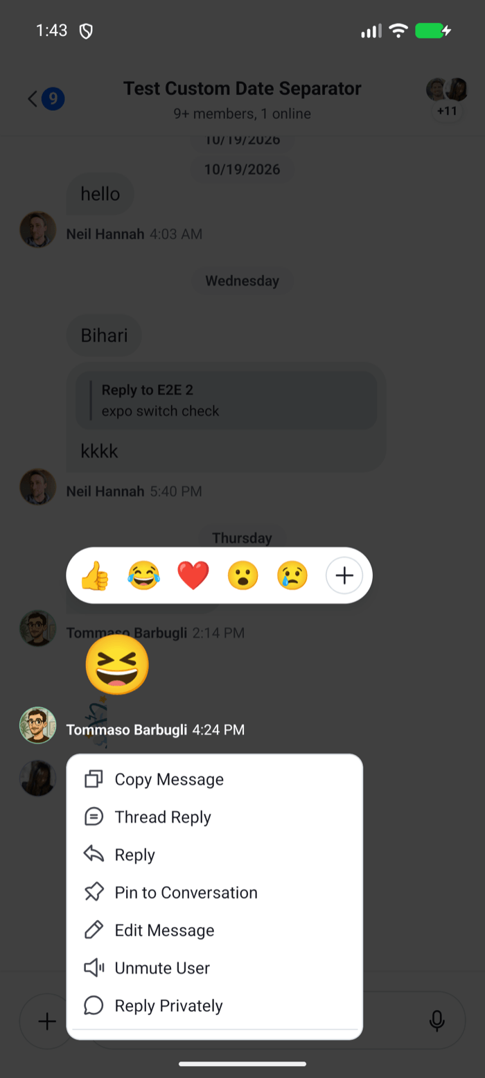 The message menu with Copy Message first and a Reply Privately action added at the end on Android