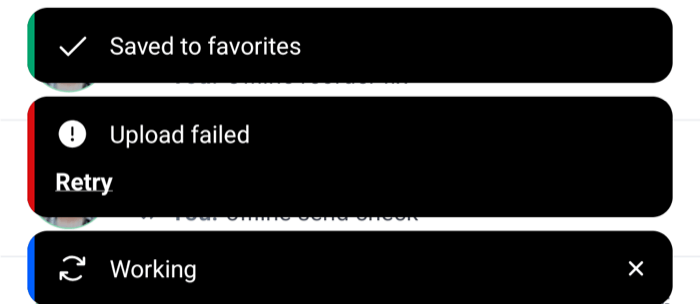 A card with a colored bar on its leading edge reading Upload failed with a Retry action on Android