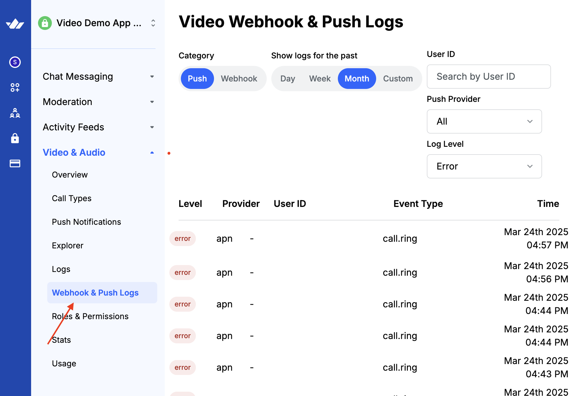 Preview of the dashboard push error log list
