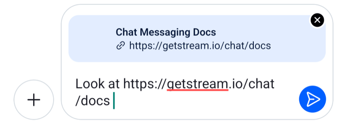 A link preview card above the composer input with the page title and URL and a remove button on Android
