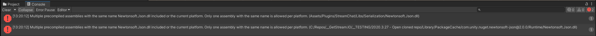 Unity console showing two errors: "Multiple precompiled assemblies with the same name Newtonsoft.Json.dll included or the current platform"