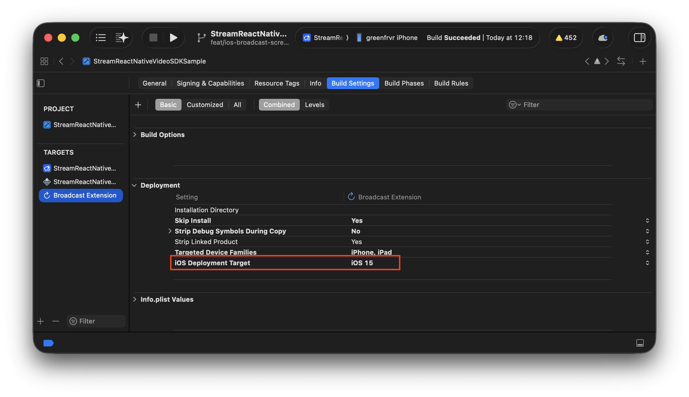 Preview of iOS deployment target of the broadcast extension