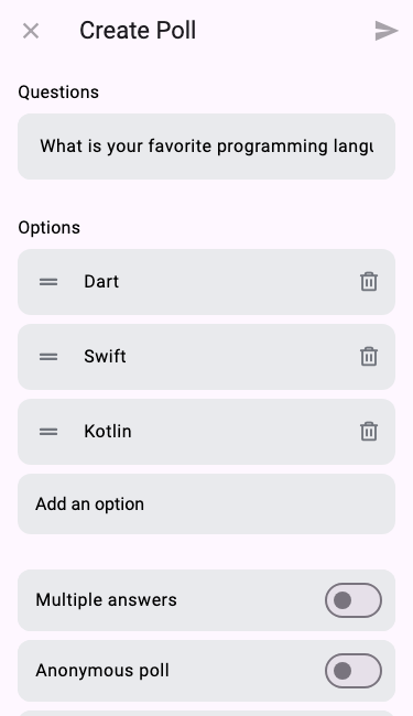 Screenshot showing create poll view