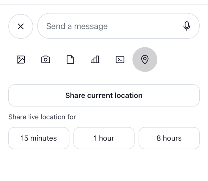 The attachment picker with a location tab offering to share the current location or a live location on iOS