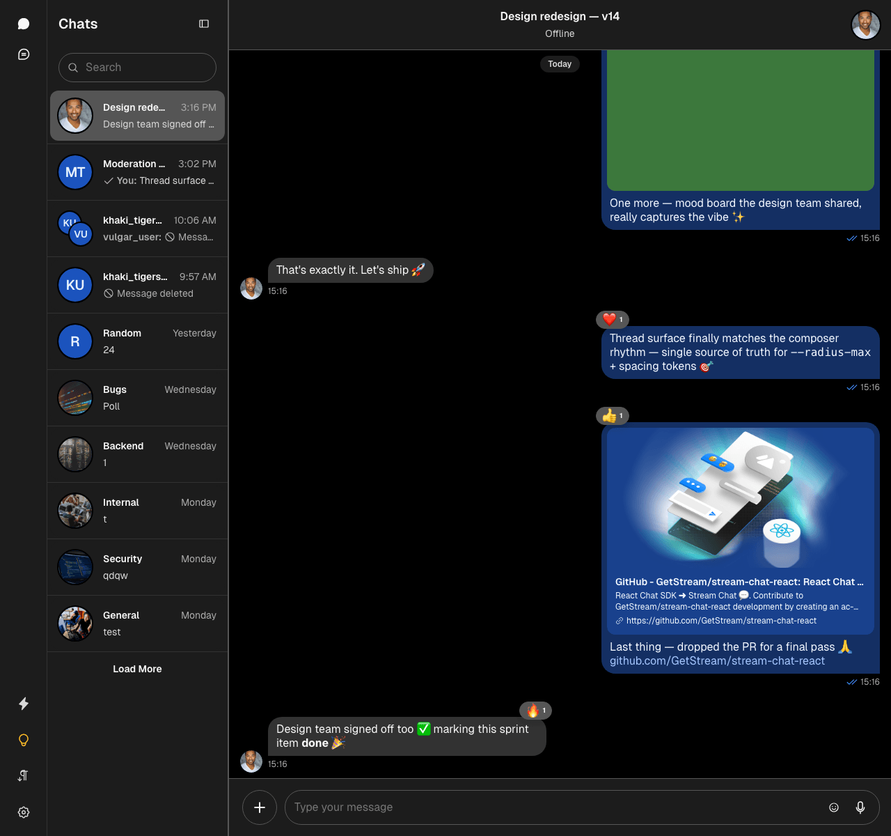 Stream Chat React UI in Dark Theme