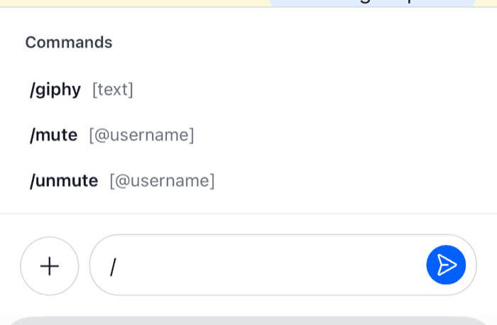 A suggestion list with the header Commands and one-line command rows on iOS