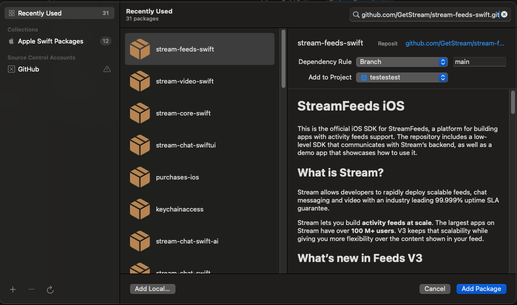 Screenshot shows how to add the SPM dependency