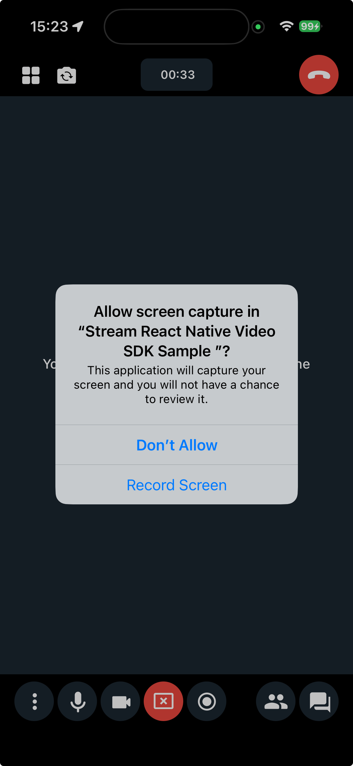 iOS in-app preview of the Screen Sharing Permission