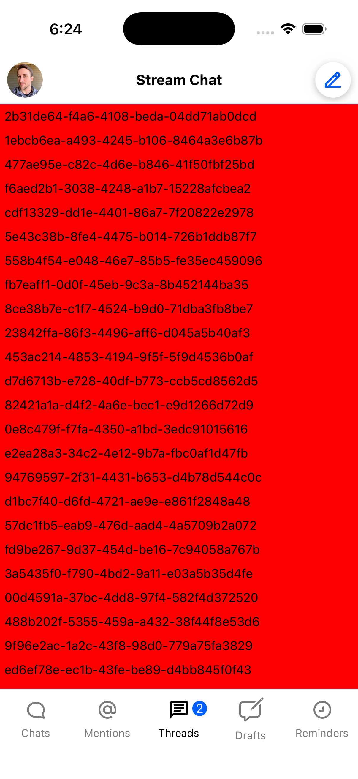 Thread list with custom items showing thread IDs