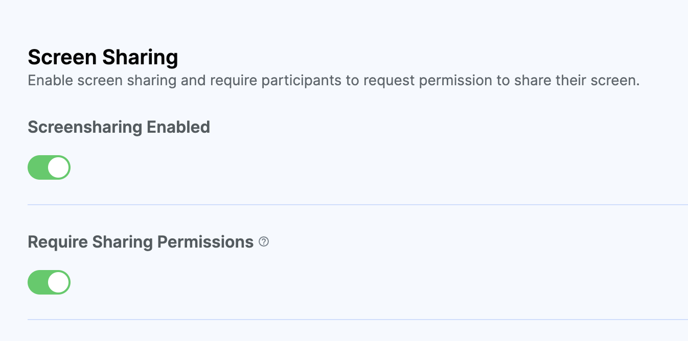 Screenshot shows screensharing dashboard setting