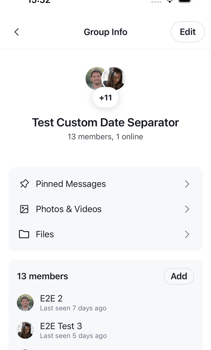 The Group Info screen with the channel profile, the three navigation rows and the members section on iOS