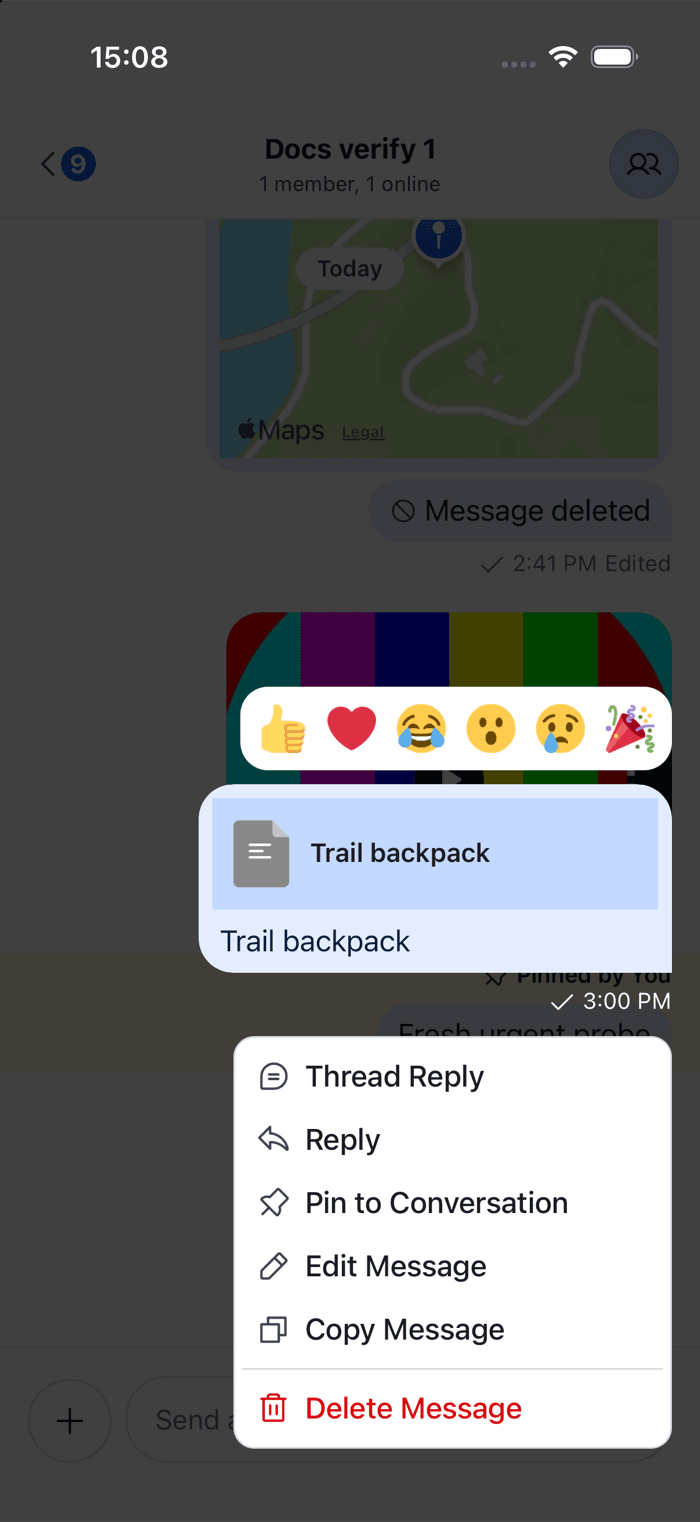 The message menu with a grid of six reactions and no plus button on iOS