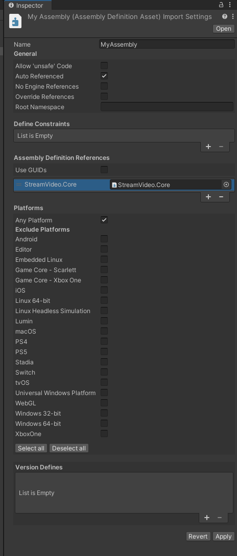 Add reference to StreamVideo.Core assembly in your assembly definition